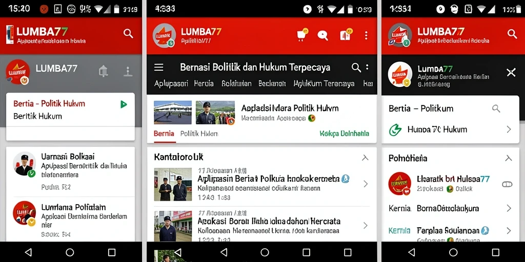 Tampilan antarmuka aplikasi LUMBA77 dengan berita politik dan hukum.